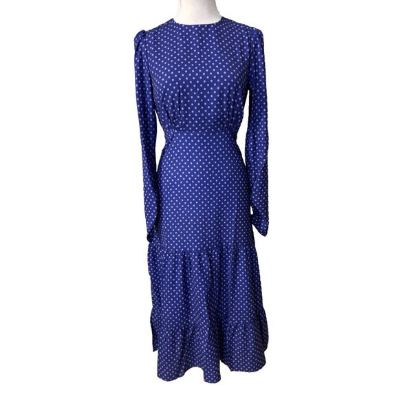 Area Stars Midi Dress XS Extra Small Blue Purple Dot Long Sleeve Tiered NEW - Picture 2 of 15